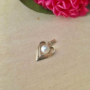 LP Vintage 60s 12KT Gold Filled Filigree Heart Pearl Necklace Pendant